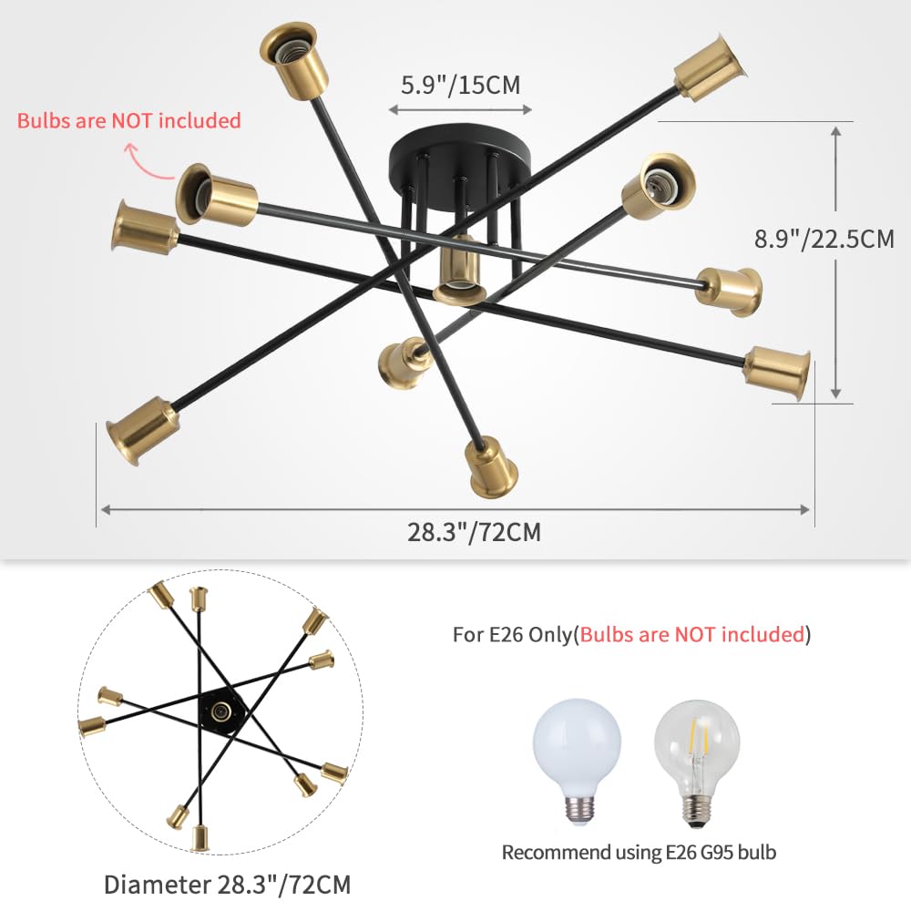 Mid Century Sputnik Gold and Black Semi Flush Mount Ceiling Light Fixture