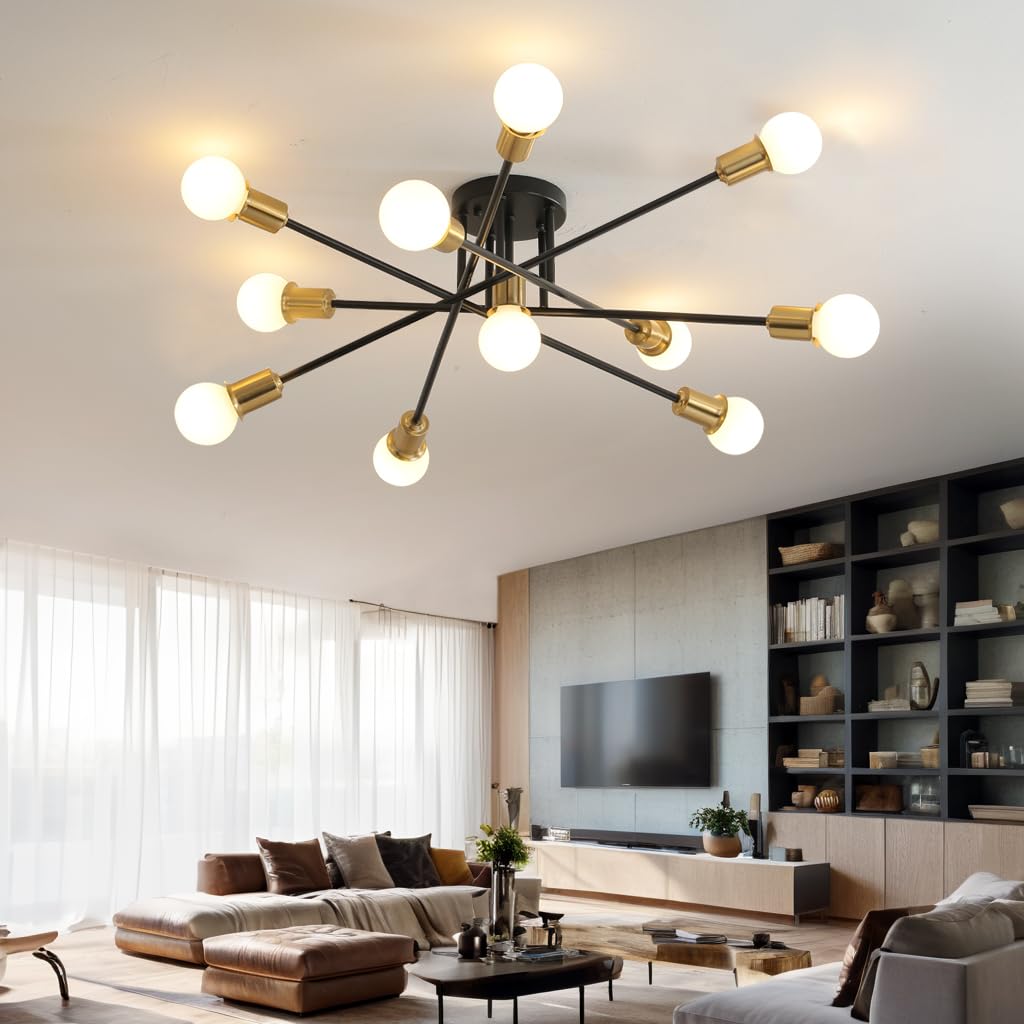 Mid Century Sputnik Gold and Black Semi Flush Mount Ceiling Light Fixture