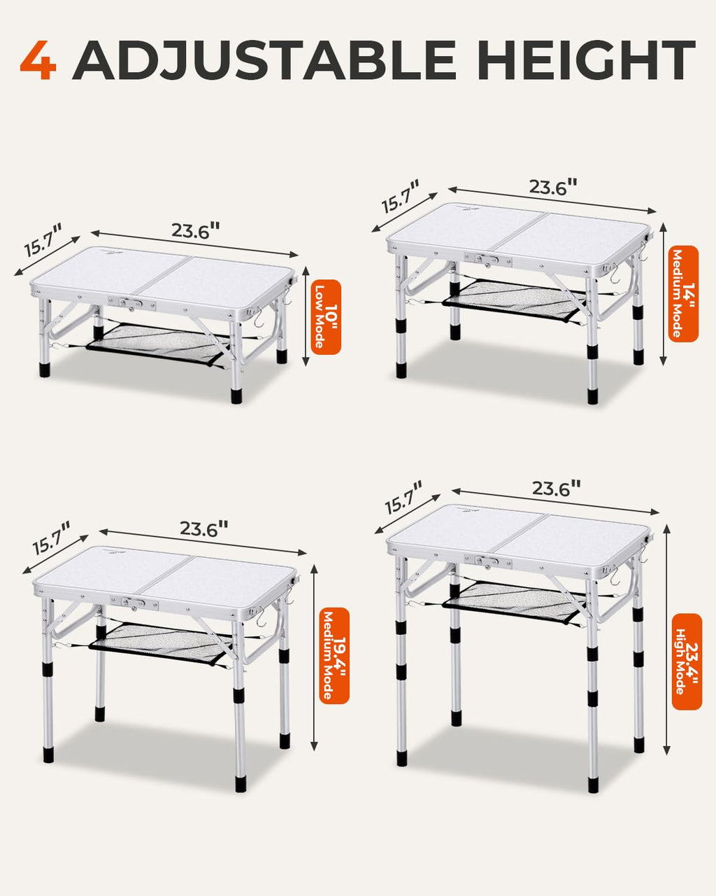 Sportneer Camping Table: Adjustable Height Small Folding Table 23.6" L x 15.7" W 4 Height with Mesh Layer