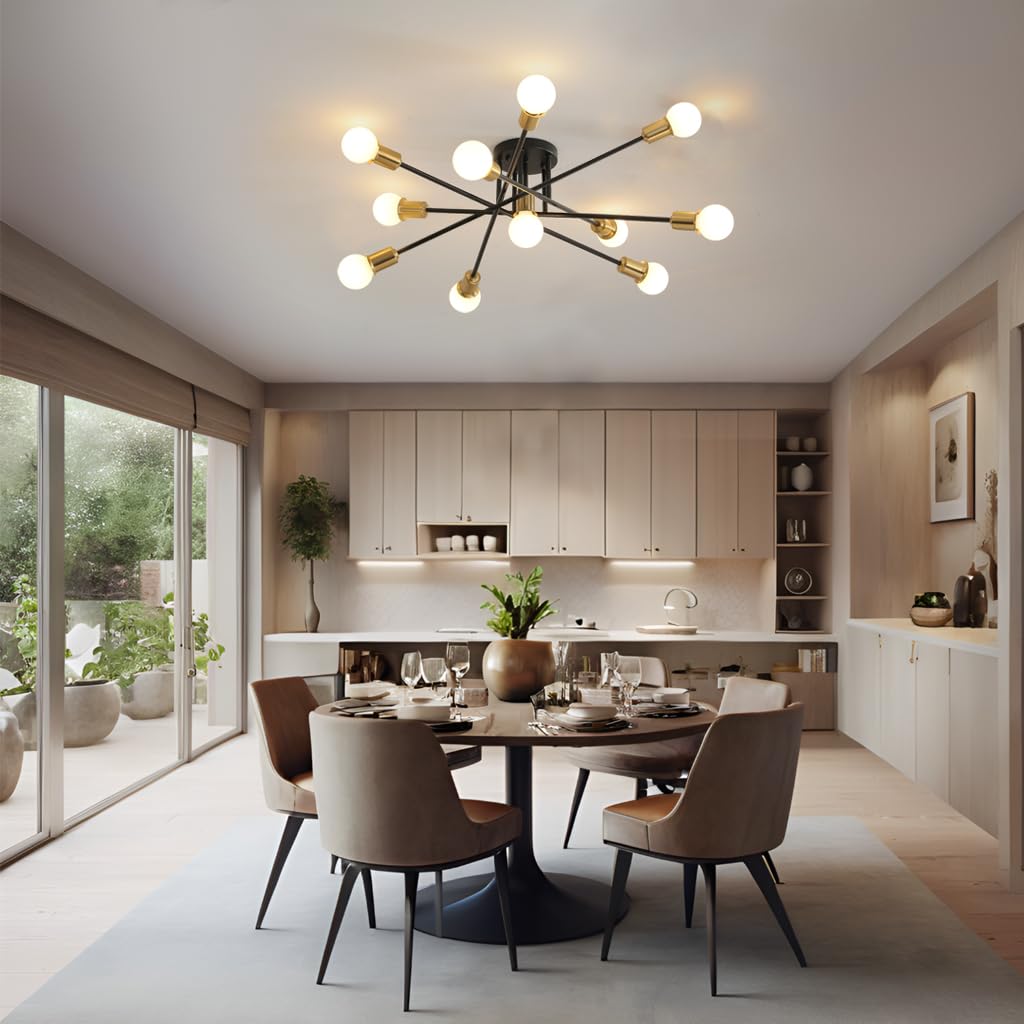 Mid Century Sputnik Gold and Black Semi Flush Mount Ceiling Light Fixture