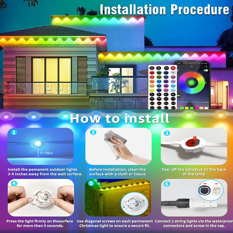 Christmas Permanent Outdoor Lights,100ft RGB + IC Smart LED Eaves Lights with App & Remote Control