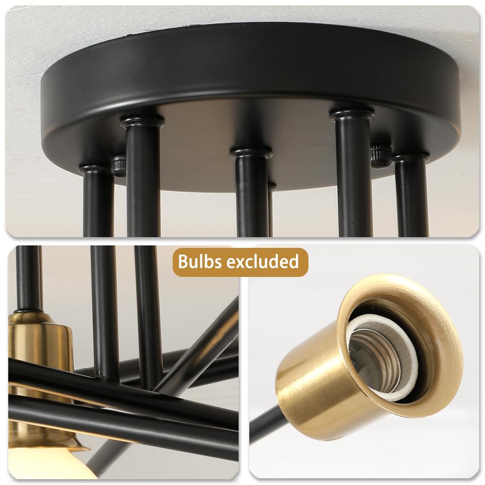 Mid Century Sputnik Gold and Black Semi Flush Mount Ceiling Light Fixture