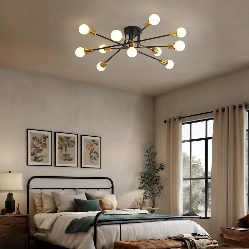 Mid Century Sputnik Gold and Black Semi Flush Mount Ceiling Light Fixture