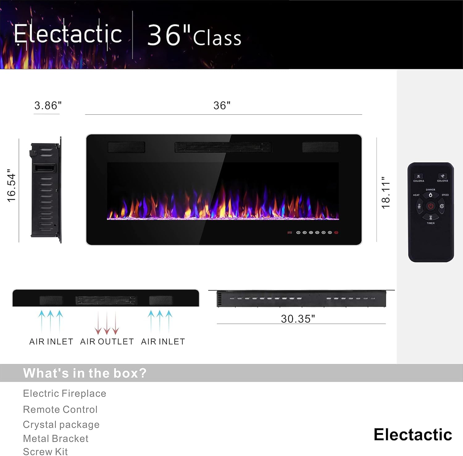 Electactic 36 Inch Electric Fireplace Insert Ultra-Thin