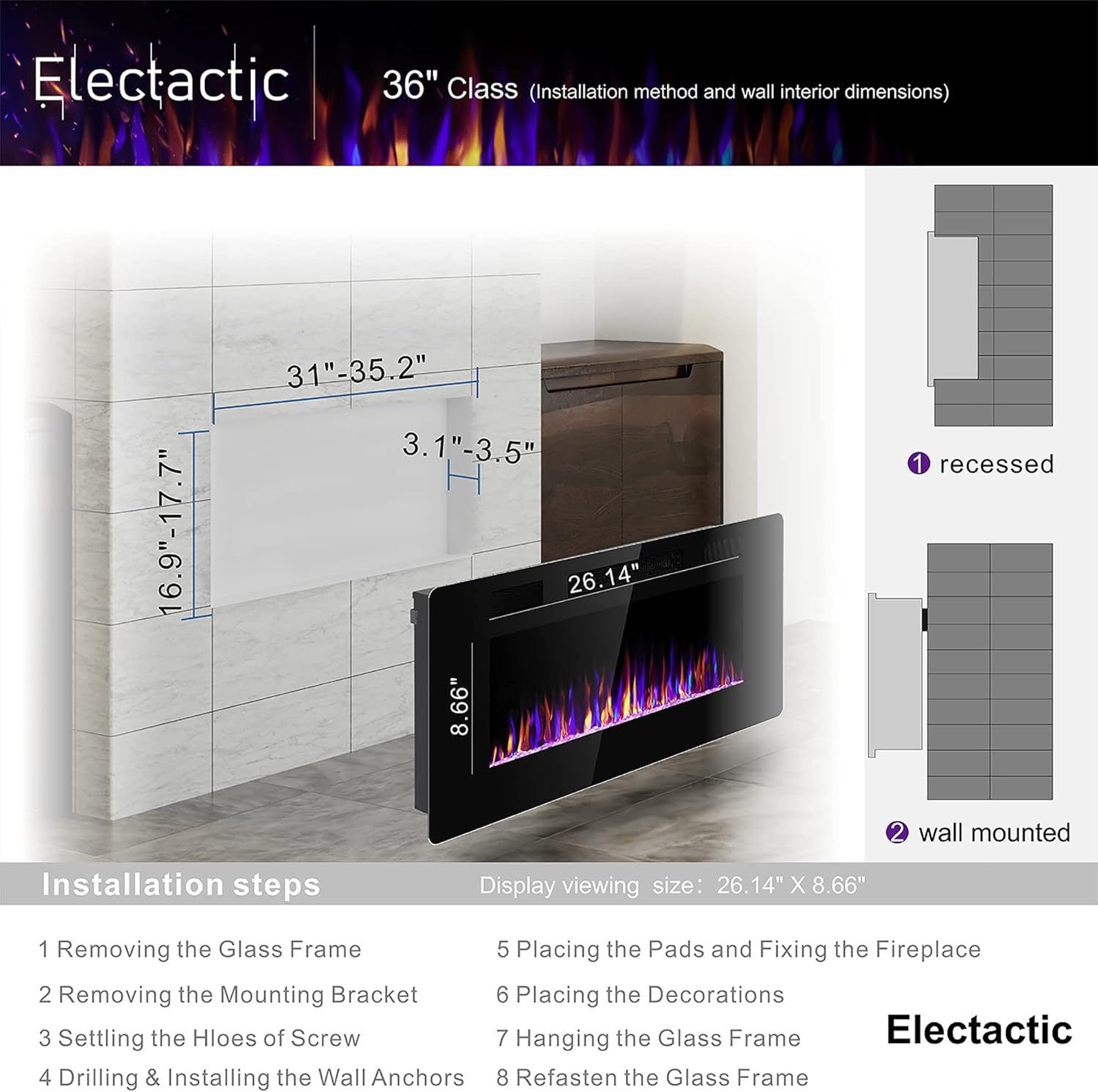 Electactic 36 Inch Electric Fireplace Insert Ultra-Thin