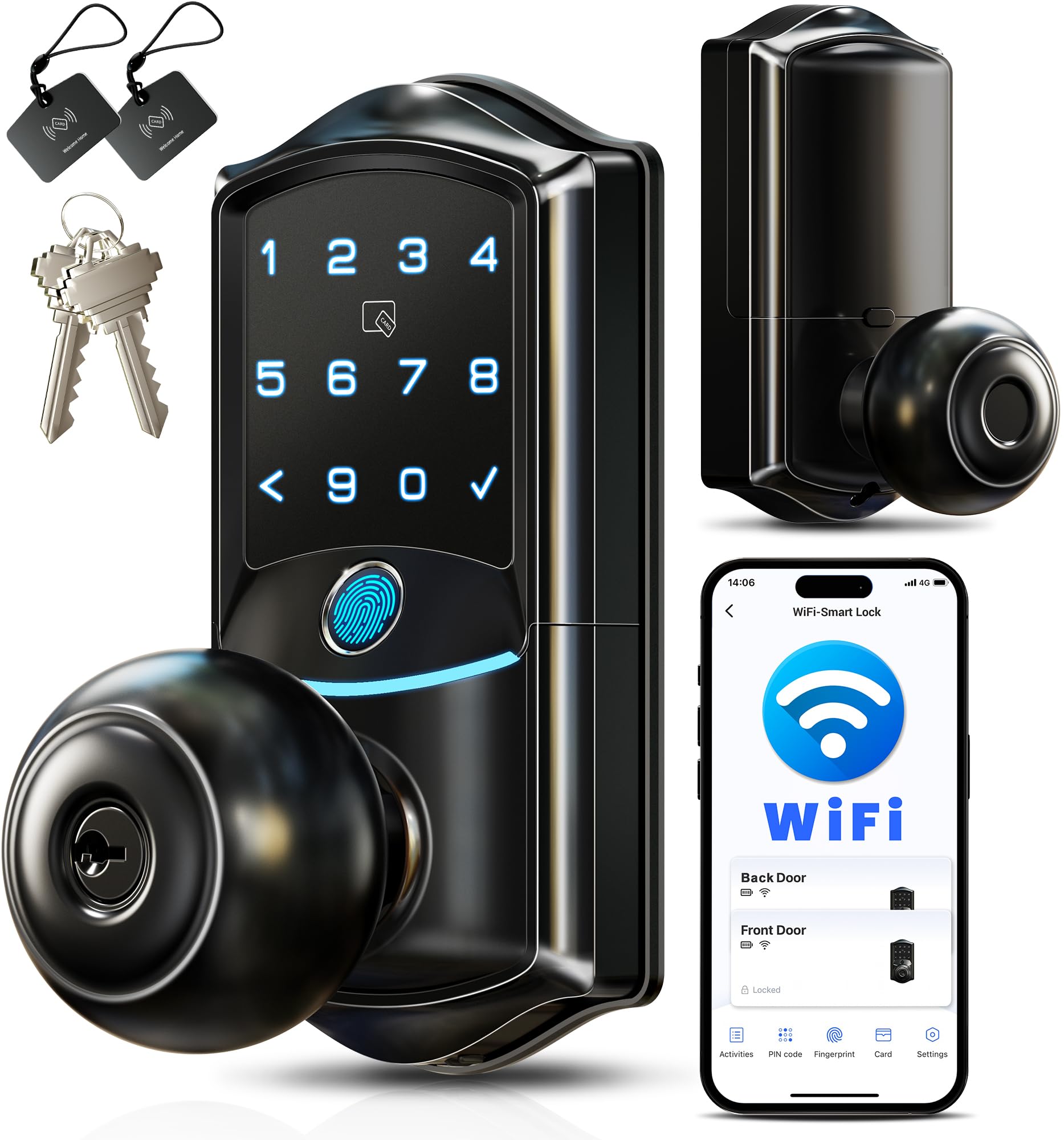 Veise Built-in Wi-Fi Smart Lock with Knob (Waterproof, Fingerprint Keyless Entry)