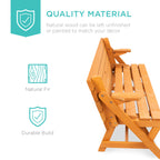 Best Choice Products 2-in-1 Transforming Interchangeable Outdoor Wooden Picnic Table Garden Bench for Backyard, Porch, Patio, Deck w/Umbrella Hole - Natural