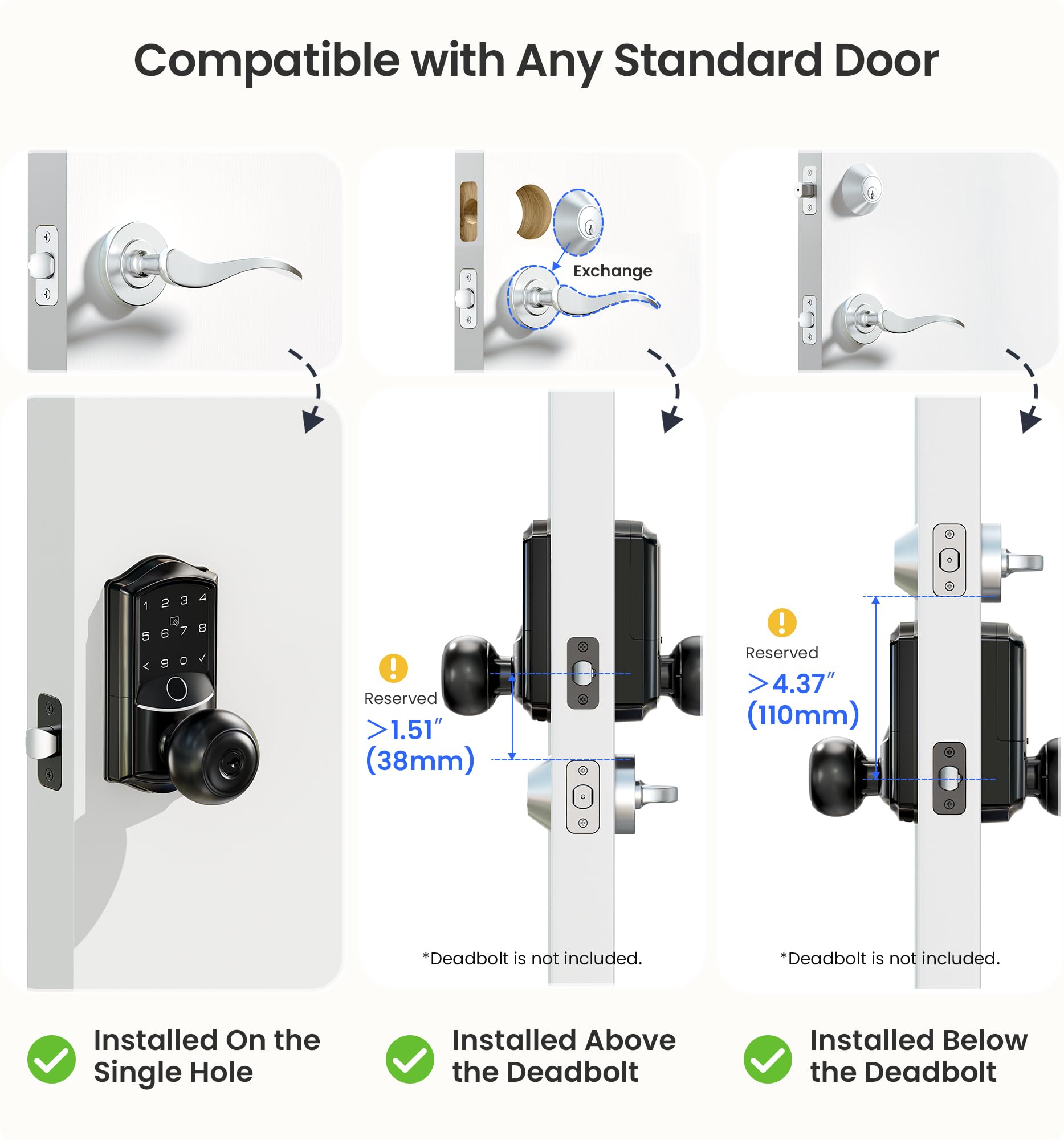 Veise Built-in Wi-Fi Smart Lock with Knob (Waterproof, Fingerprint Keyless Entry)