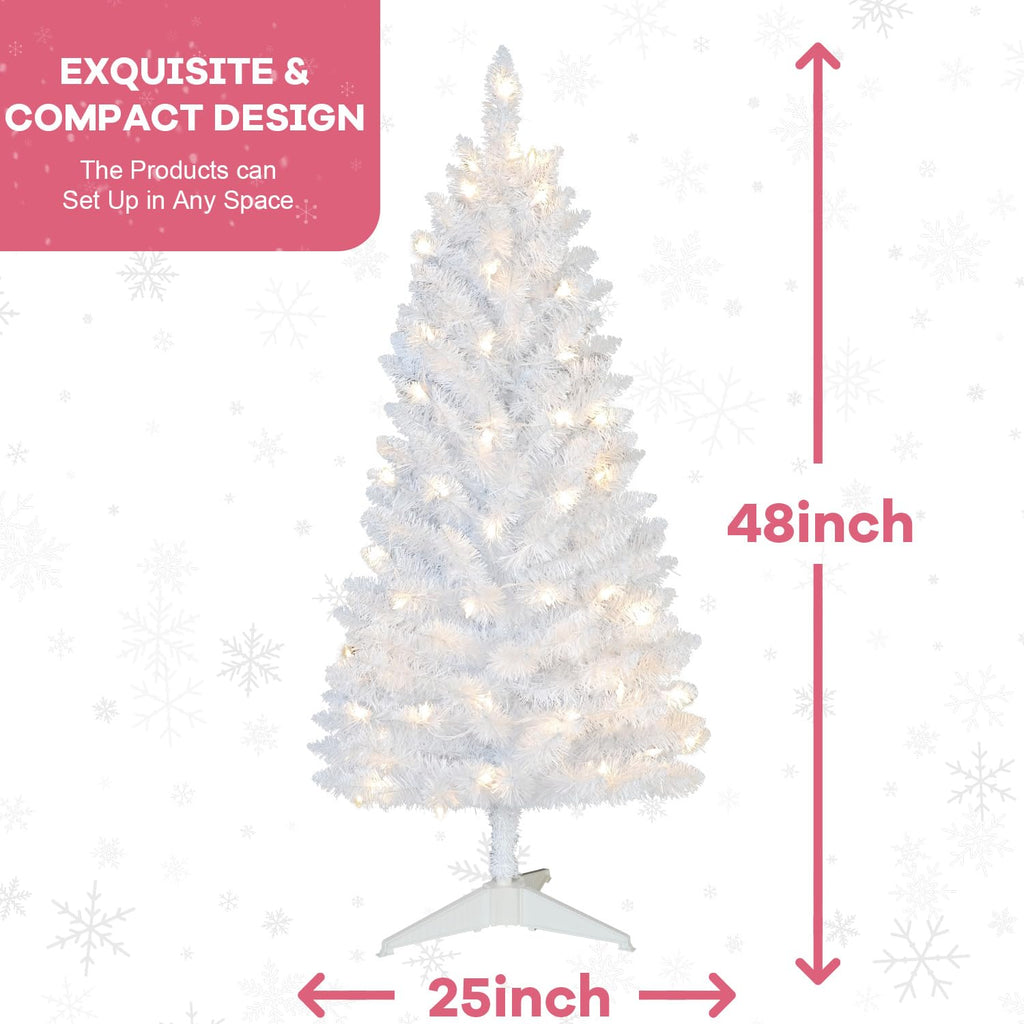 4ft Lighted Artificial White Christmas Tree | Leeheeyee Small Christmas Tree, Not Pre-lit White Tinsel Pine Trees with Lights