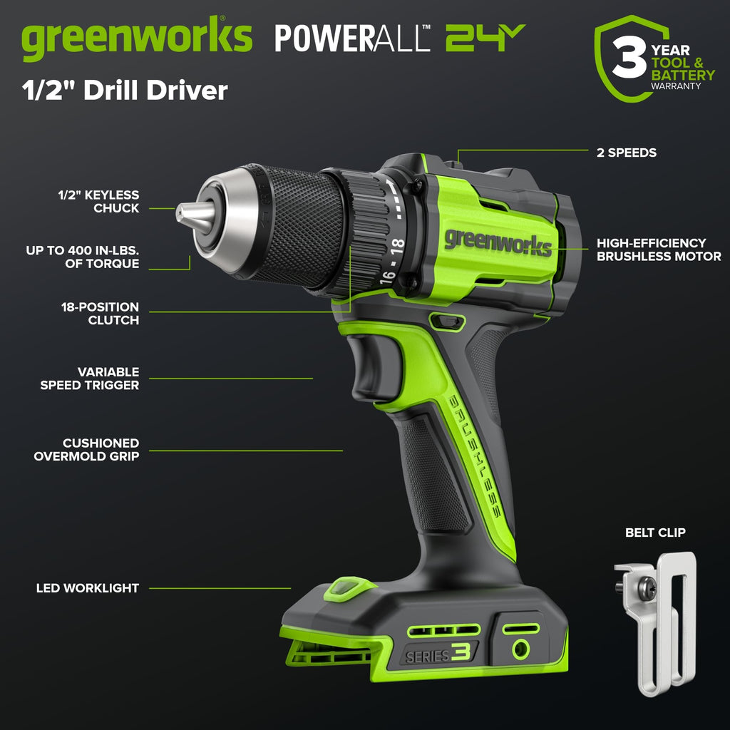 Greenworks 24V Cordless Brushless 400 in-lbs Drill/Driver+1950 in-lbs Impact Driver Combo