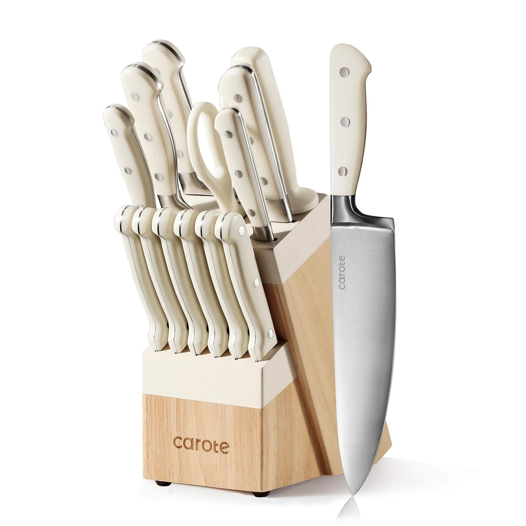 CAROTE 14 Pieces  Forged, High Carbon Stainless Steel Knife Set with Block
