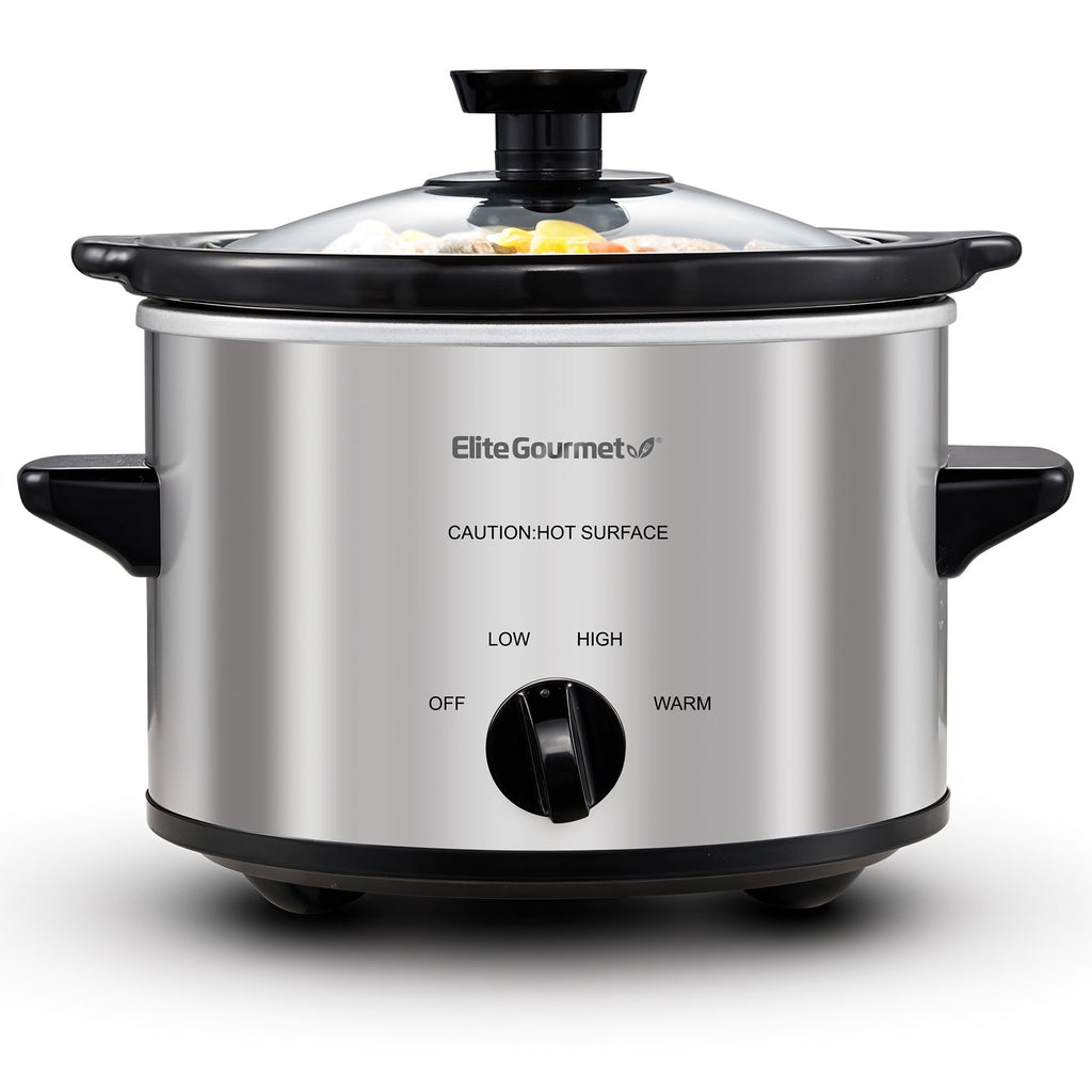 Elite Gourmet Electric Slow Cooker Ceramic Pot [Adjustable Temp, Entrees, Sauces, Stews & Dips, Dishwasher Safe Glass Lid & Crock, 1.5 Quart, Stainless Steel]