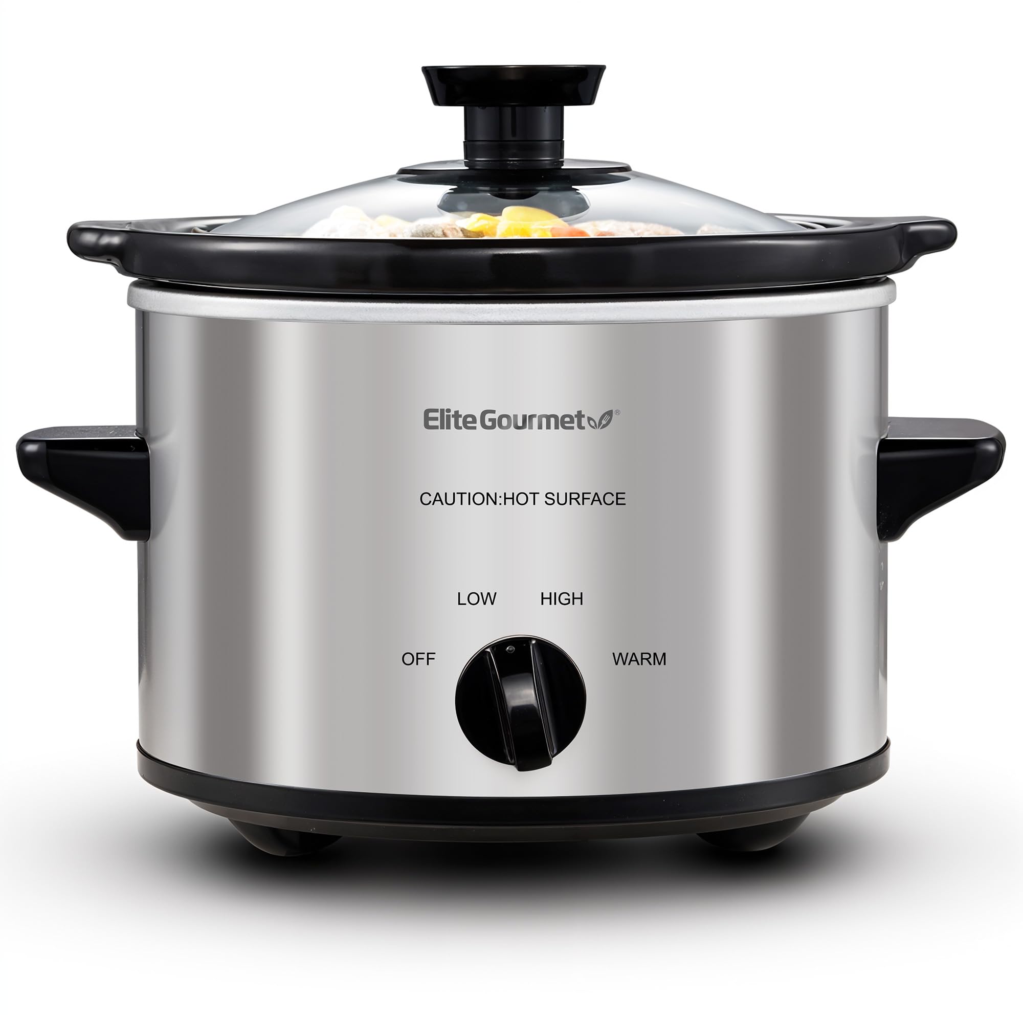 Elite Gourmet Electric Slow Cooker Ceramic Pot [Adjustable Temp, Entrees, Sauces, Stews & Dips, Dishwasher Safe Glass Lid & Crock, 1.5 Quart, Stainless Steel]