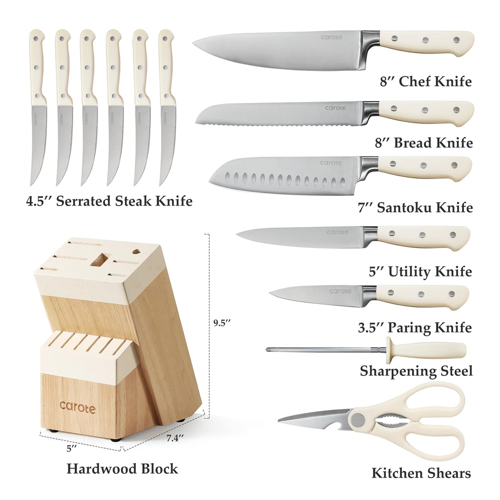 CAROTE 14 Pieces  Forged, High Carbon Stainless Steel Knife Set with Block