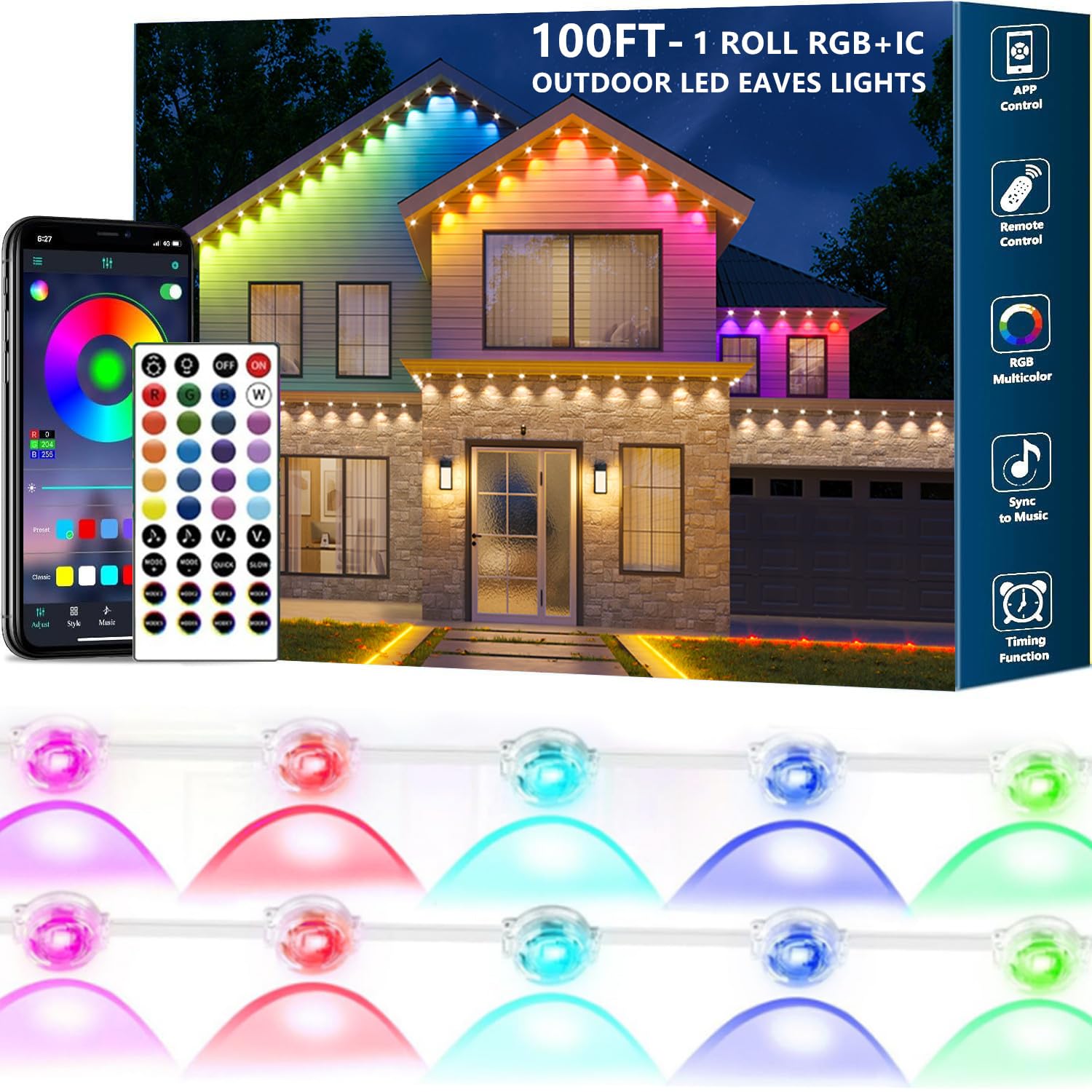 Christmas Permanent Outdoor Lights,100ft RGB + IC Smart LED Eaves Lights with App & Remote Control
