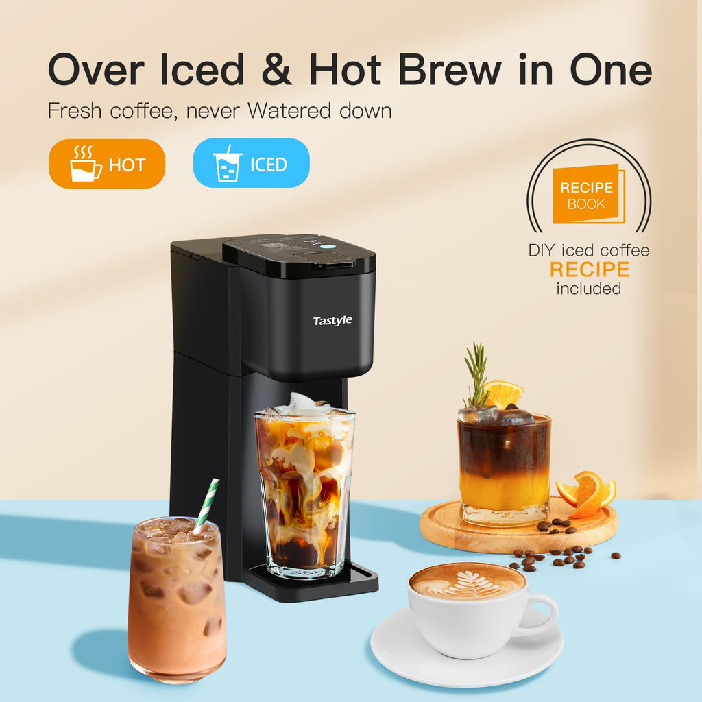 Tastyle Mini Hot and Iced Coffee Maker [ for K Cup and Ground, 6 to 14 Oz Brew Sizes, with Recipe Book]