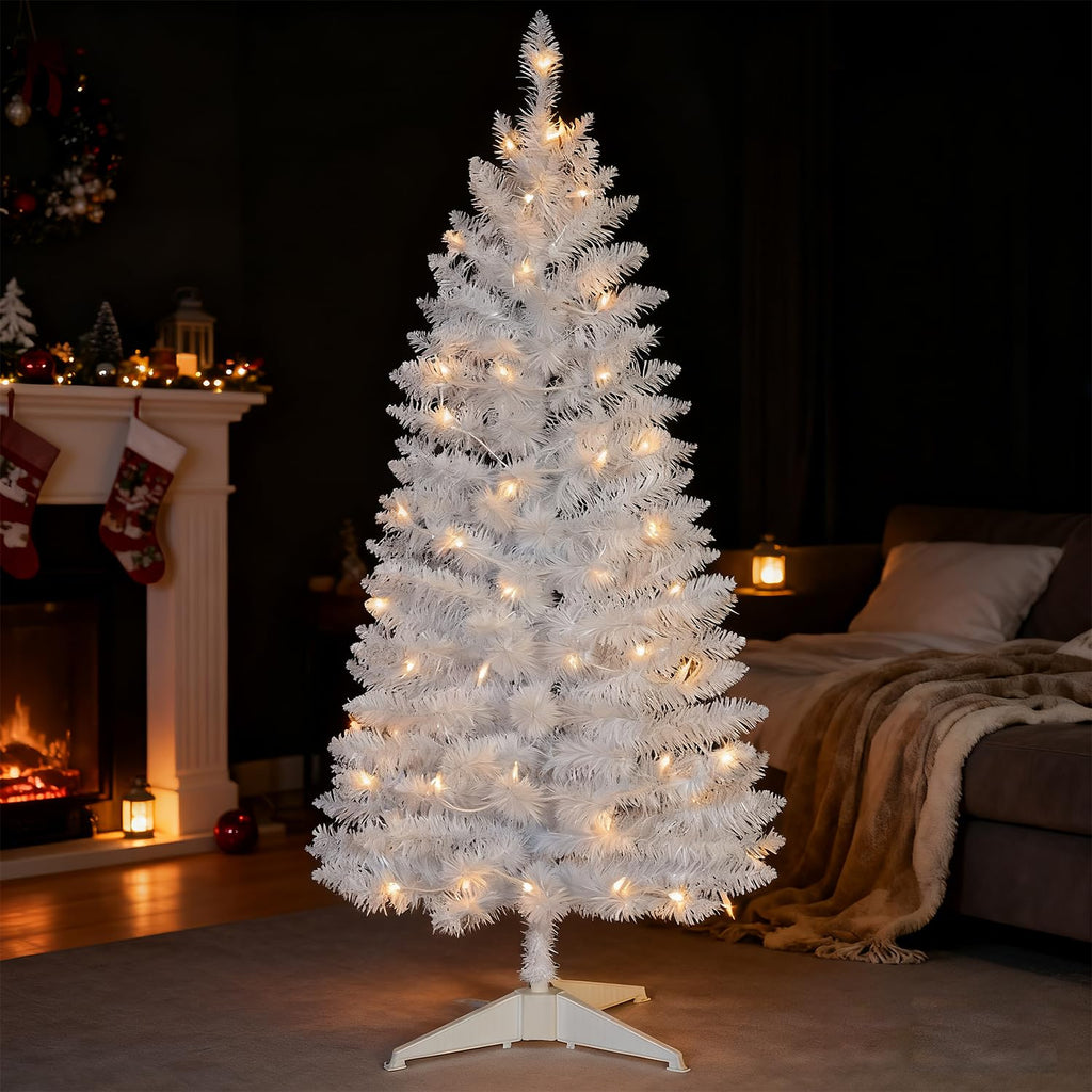 4ft Lighted Artificial White Christmas Tree | Leeheeyee Small Christmas Tree, Not Pre-lit White Tinsel Pine Trees with Lights