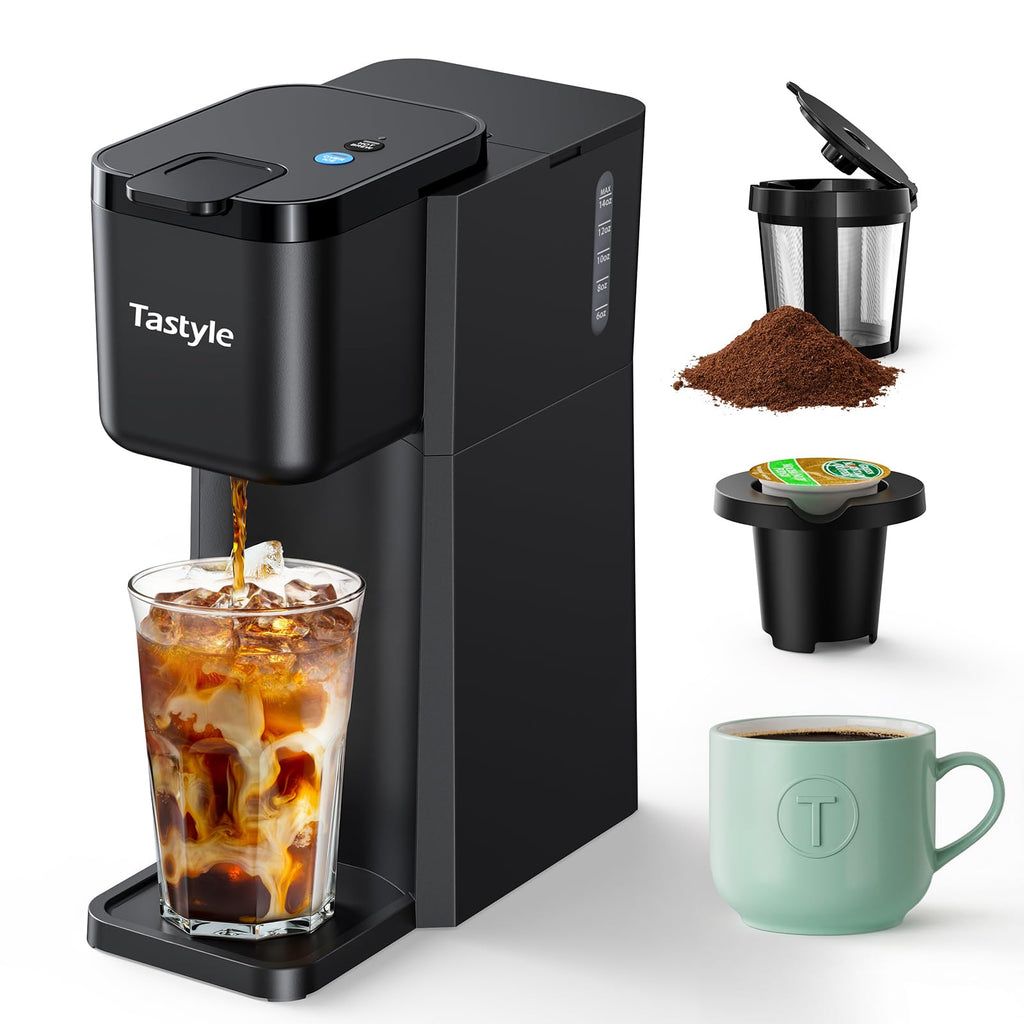 Tastyle Mini Hot and Iced Coffee Maker [ for K Cup and Ground, 6 to 14 Oz Brew Sizes, with Recipe Book]