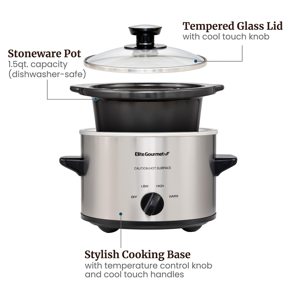 Elite Gourmet Electric Slow Cooker Ceramic Pot [Adjustable Temp, Entrees, Sauces, Stews & Dips, Dishwasher Safe Glass Lid & Crock, 1.5 Quart, Stainless Steel]