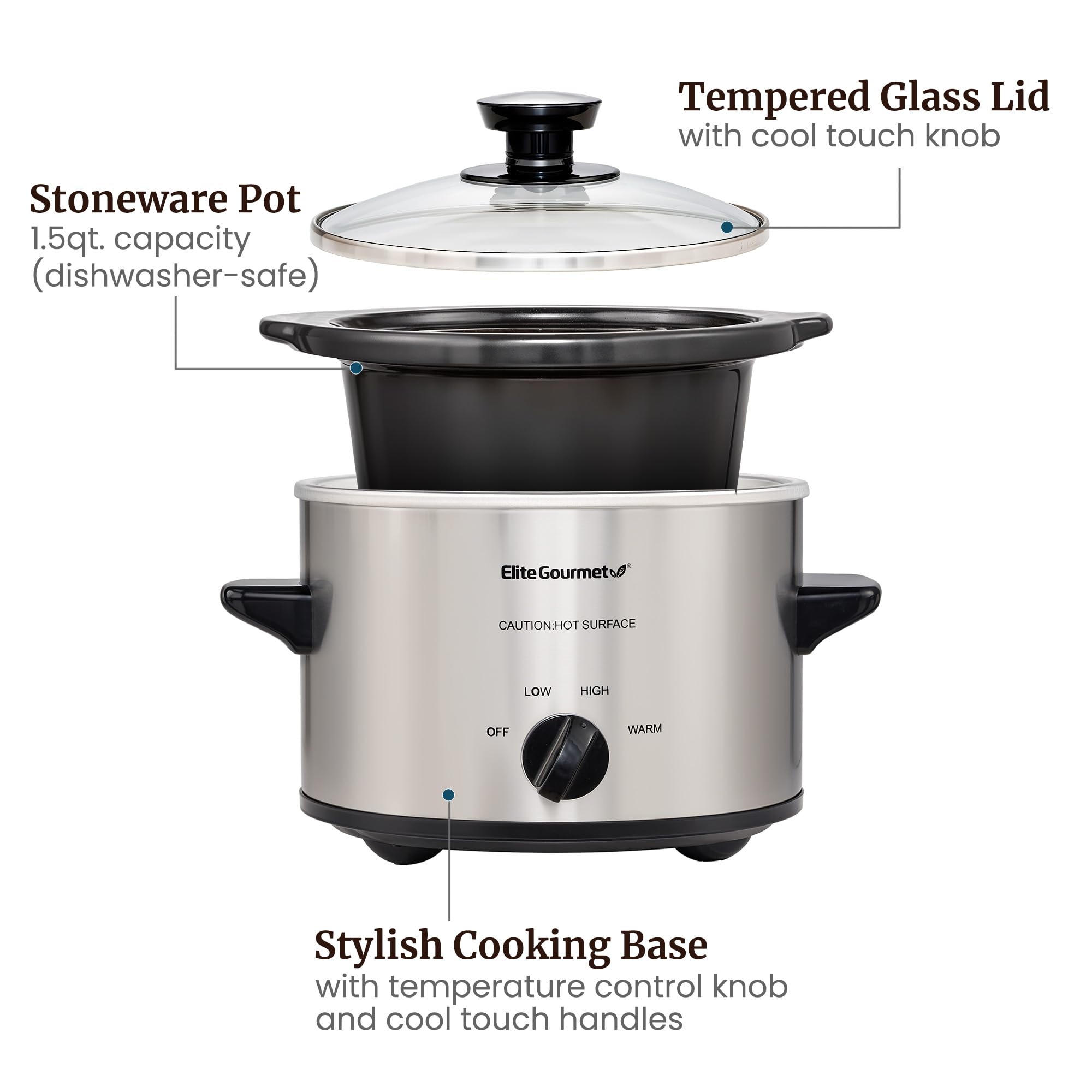 Elite Gourmet Electric Slow Cooker Ceramic Pot [Adjustable Temp, Entrees, Sauces, Stews & Dips, Dishwasher Safe Glass Lid & Crock, 1.5 Quart, Stainless Steel]