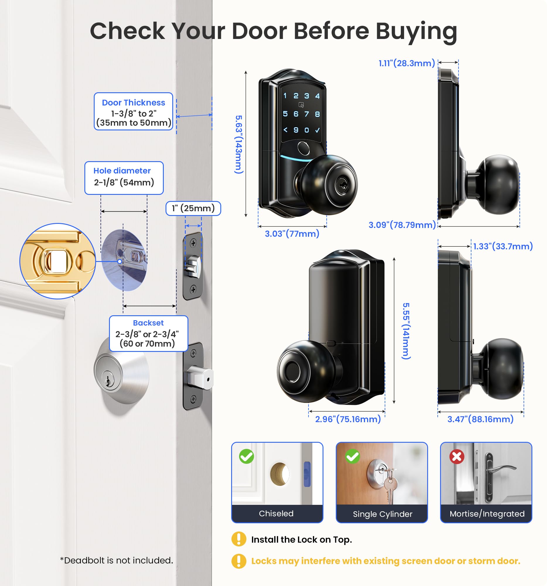 Veise Built-in Wi-Fi Smart Lock with Knob (Waterproof, Fingerprint Keyless Entry)