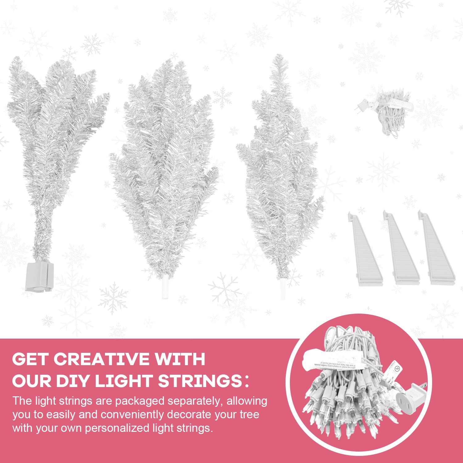 4ft Lighted Artificial White Christmas Tree | Leeheeyee Small Christmas Tree, Not Pre-lit White Tinsel Pine Trees with Lights