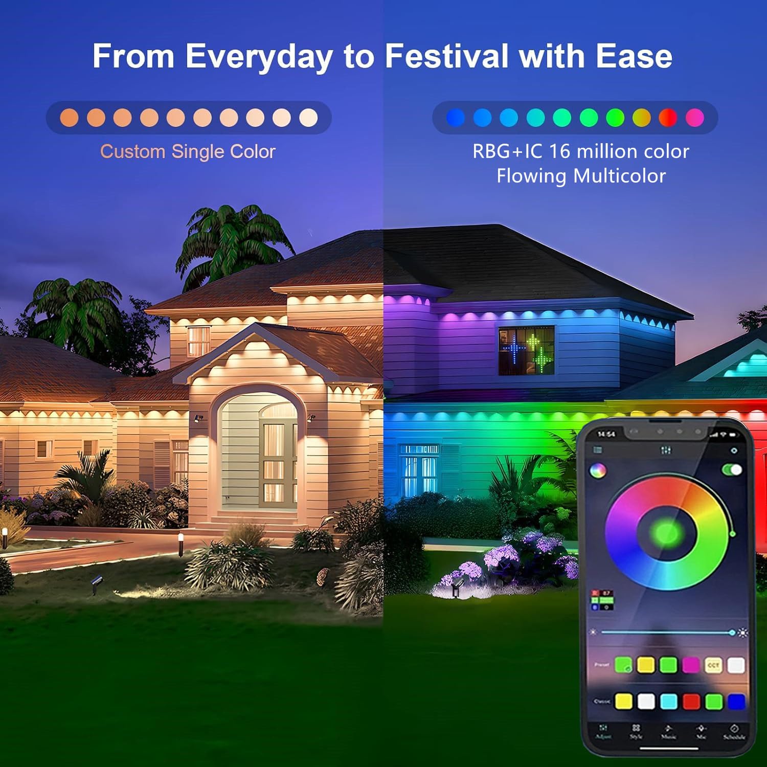Christmas Permanent Outdoor Lights,100ft RGB + IC Smart LED Eaves Lights with App & Remote Control