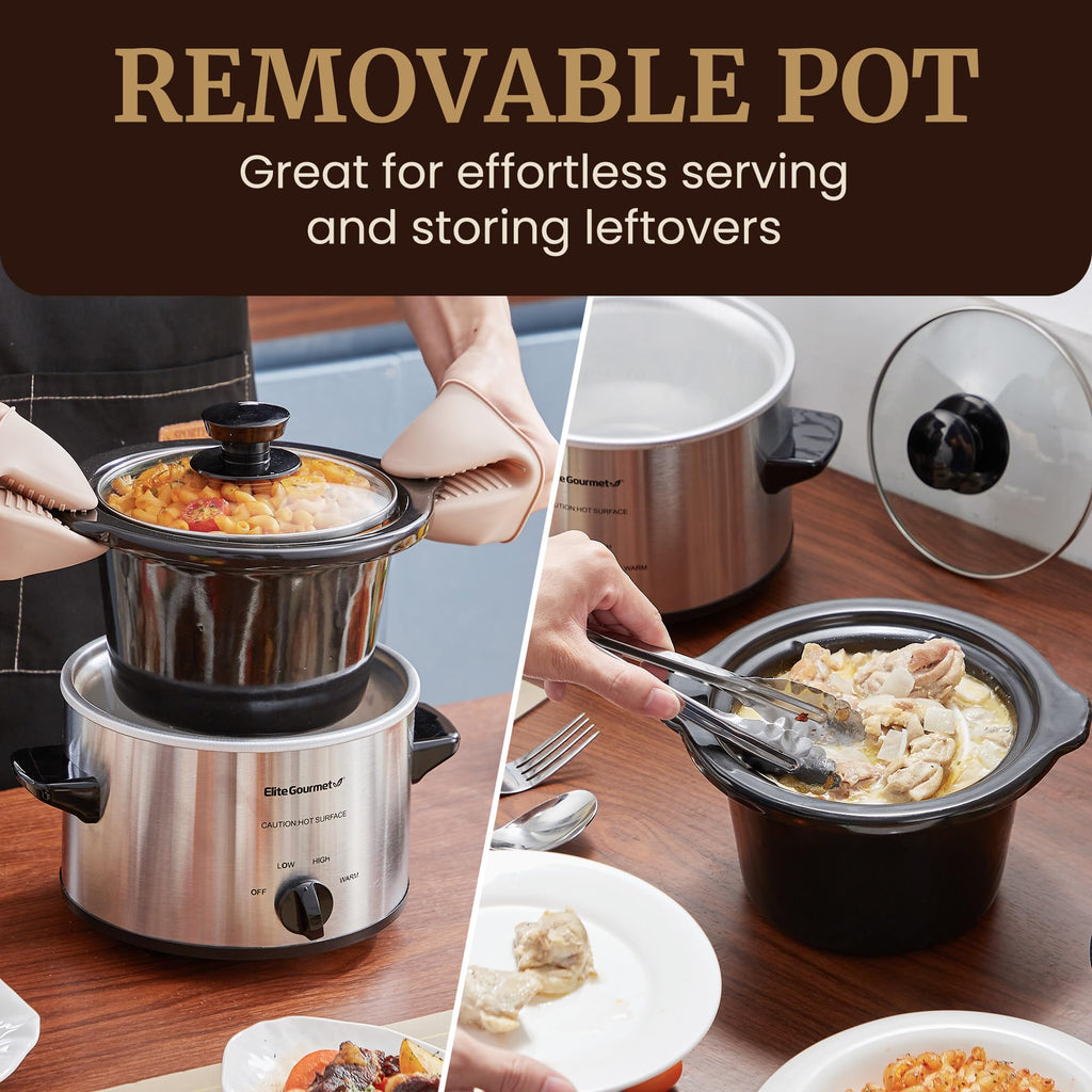 Elite Gourmet Electric Slow Cooker Ceramic Pot [Adjustable Temp, Entrees, Sauces, Stews & Dips, Dishwasher Safe Glass Lid & Crock, 1.5 Quart, Stainless Steel]