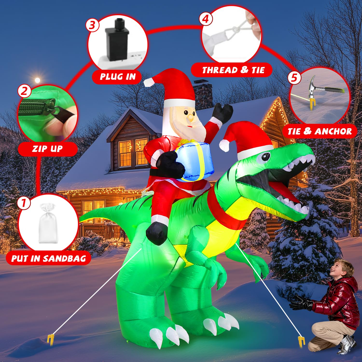9x7FT Christmas Inflatables Santa Ride on Dinosaur with LED Outdoor Christmas Dinosaur