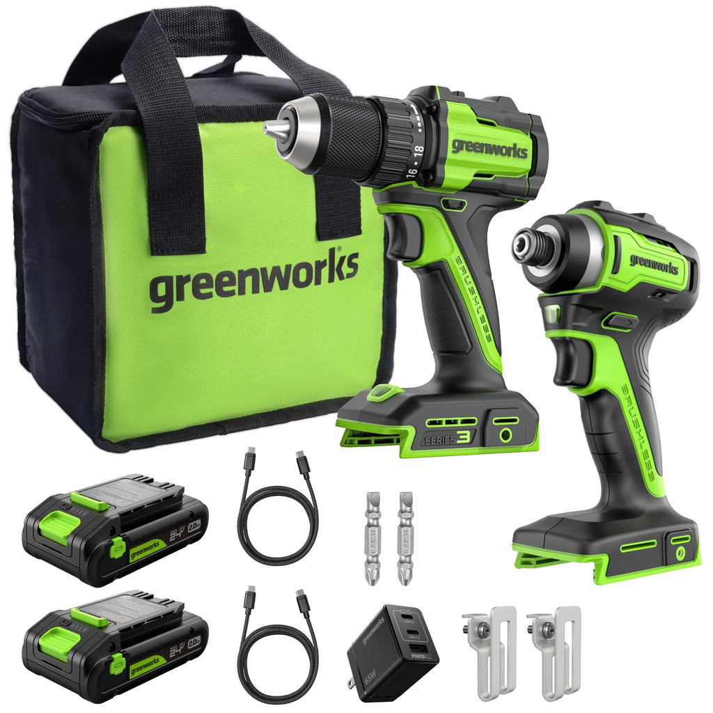 Greenworks 24V Cordless Brushless 400 in-lbs Drill/Driver+1950 in-lbs Impact Driver Combo