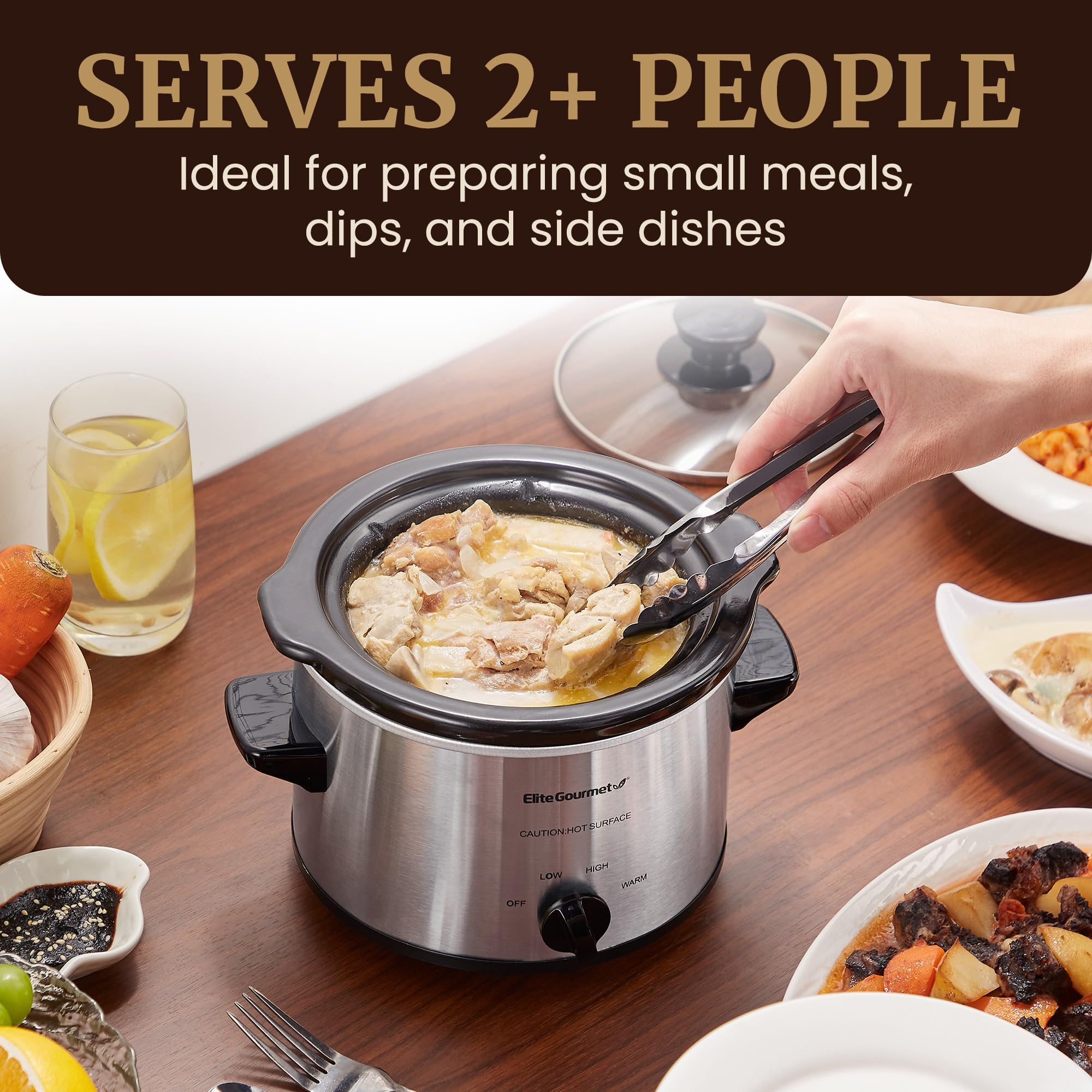 Elite Gourmet Electric Slow Cooker Ceramic Pot [Adjustable Temp, Entrees, Sauces, Stews & Dips, Dishwasher Safe Glass Lid & Crock, 1.5 Quart, Stainless Steel]