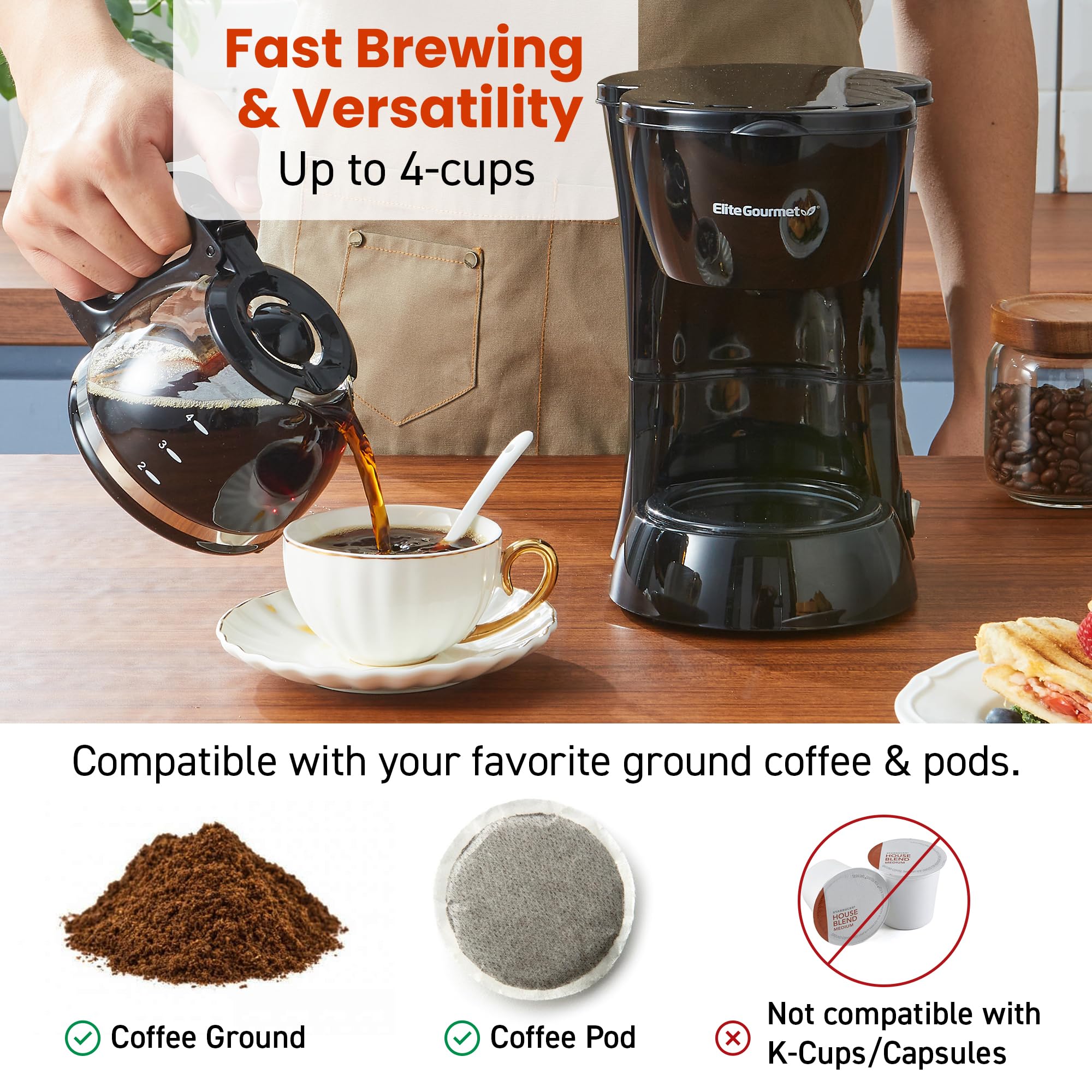 Elite Gourmet EHC4128 Automatic 4-Cup Brew & Drip Coffee Maker with Pause N Serve