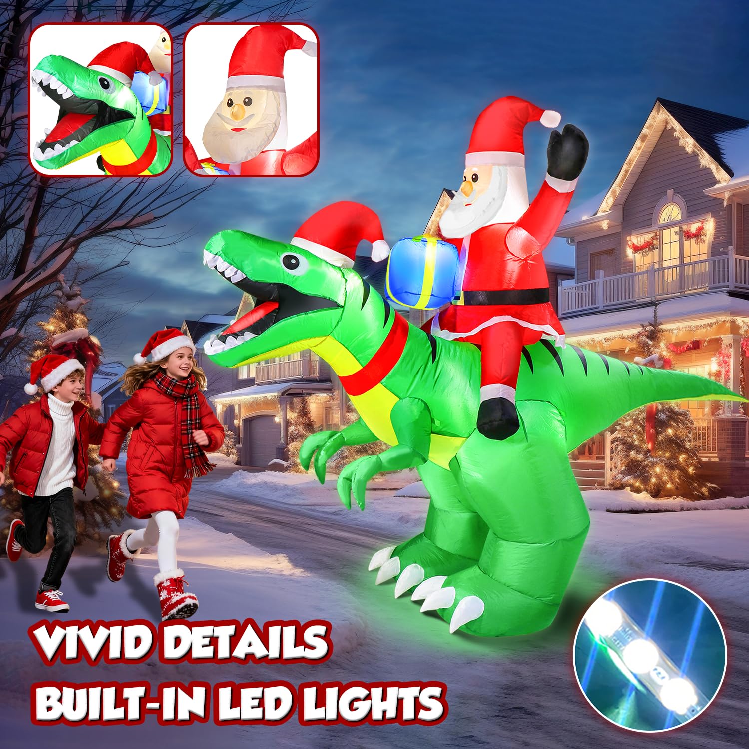 9x7FT Christmas Inflatables Santa Ride on Dinosaur with LED Outdoor Christmas Dinosaur