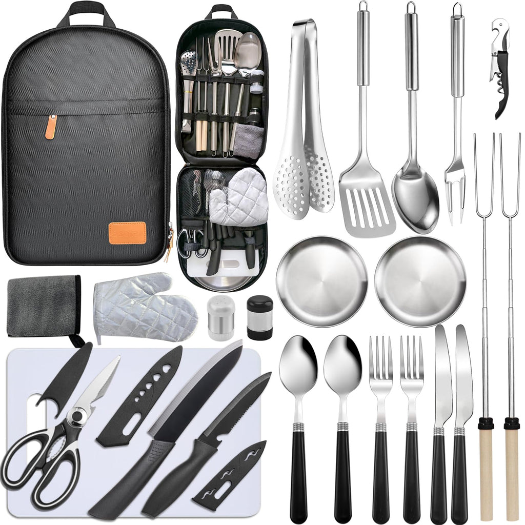 Camping Cooking Set- 24 Pcs Camping Utensils Camping Essentials Camping Gear for Camp Kitchen Cooking and Grilling