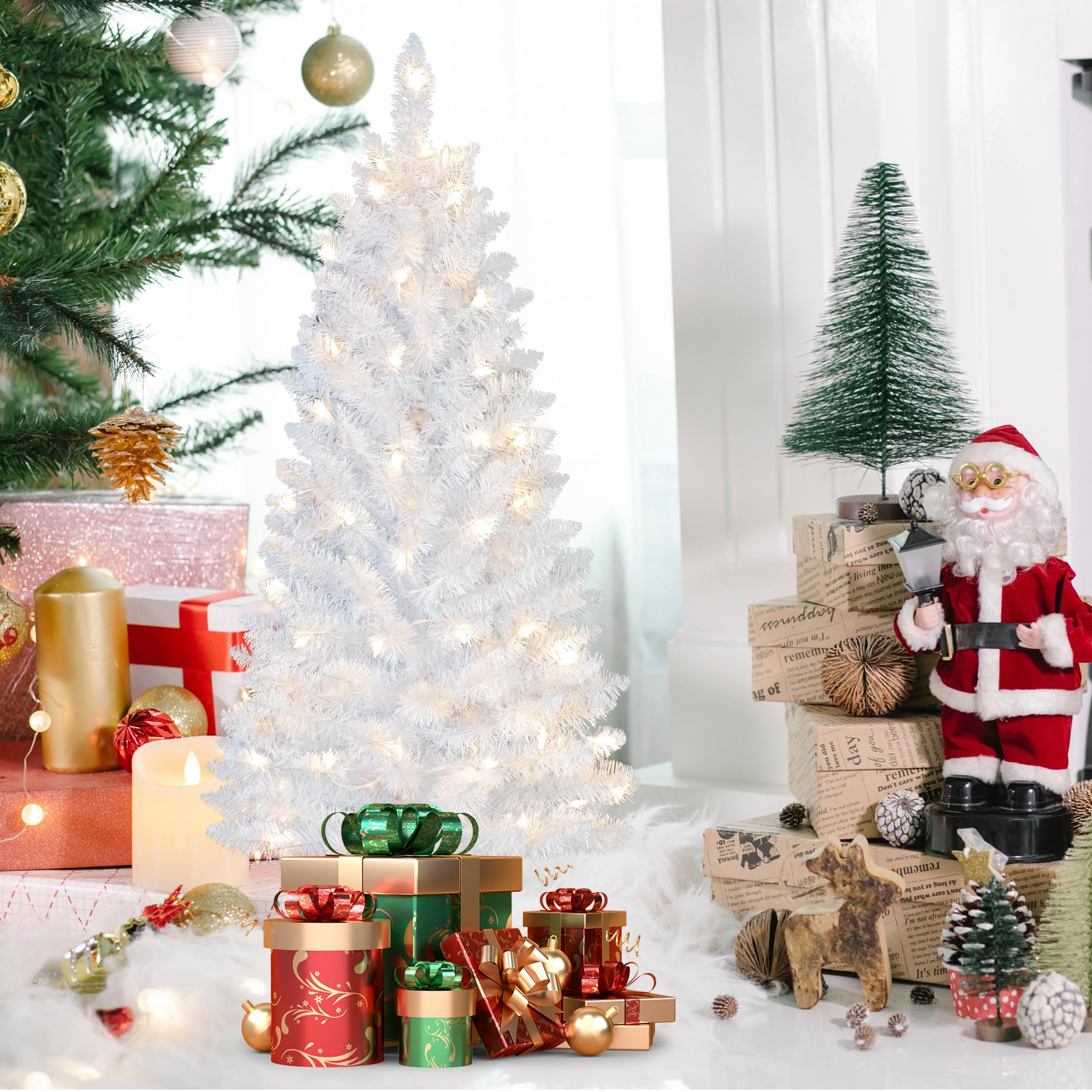 4ft Lighted Artificial White Christmas Tree | Leeheeyee Small Christmas Tree, Not Pre-lit White Tinsel Pine Trees with Lights