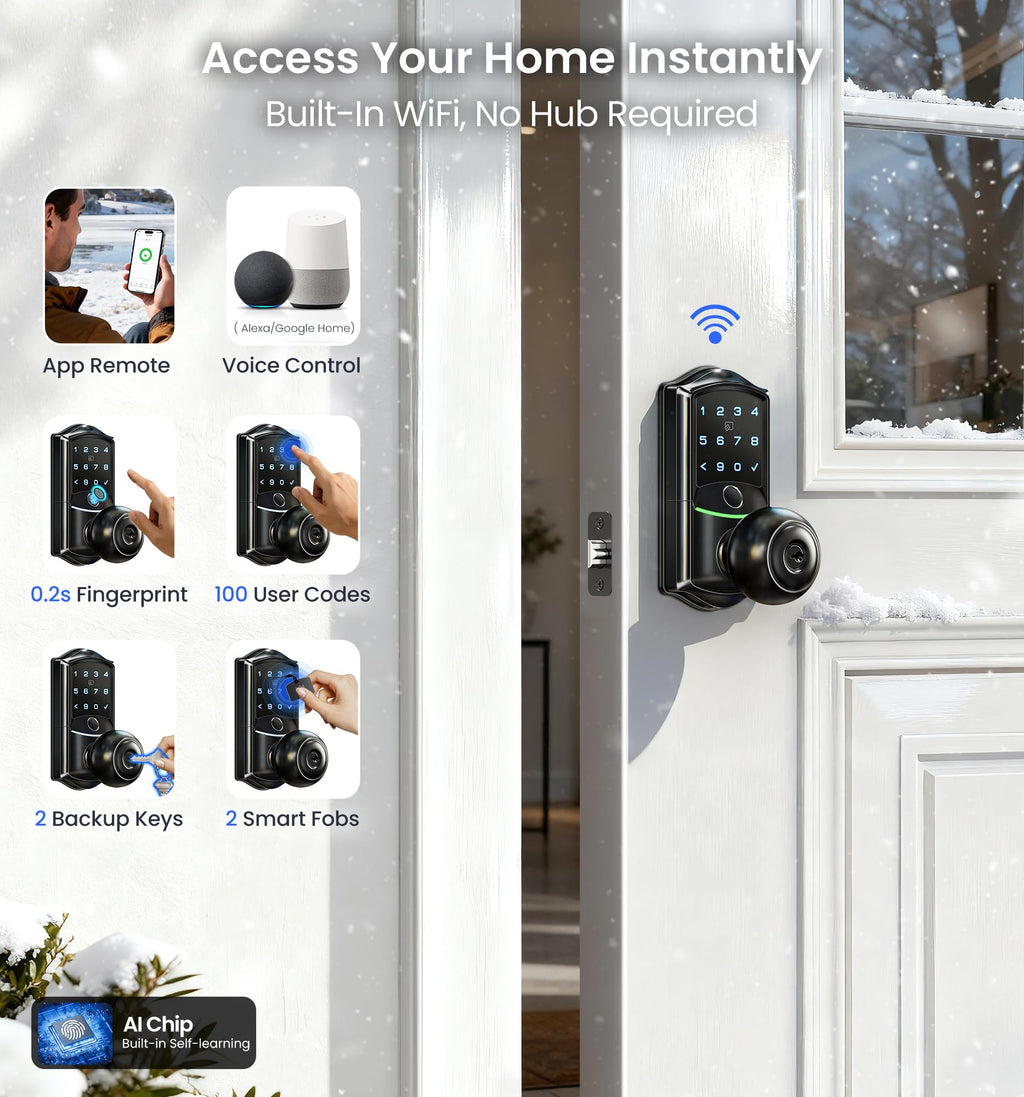 Veise Built-in Wi-Fi Smart Lock with Knob (Waterproof, Fingerprint Keyless Entry)