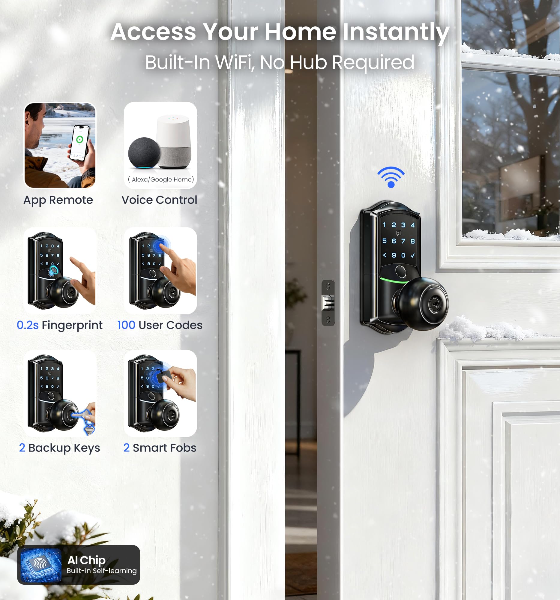 Veise Built-in Wi-Fi Smart Lock with Knob (Waterproof, Fingerprint Keyless Entry)