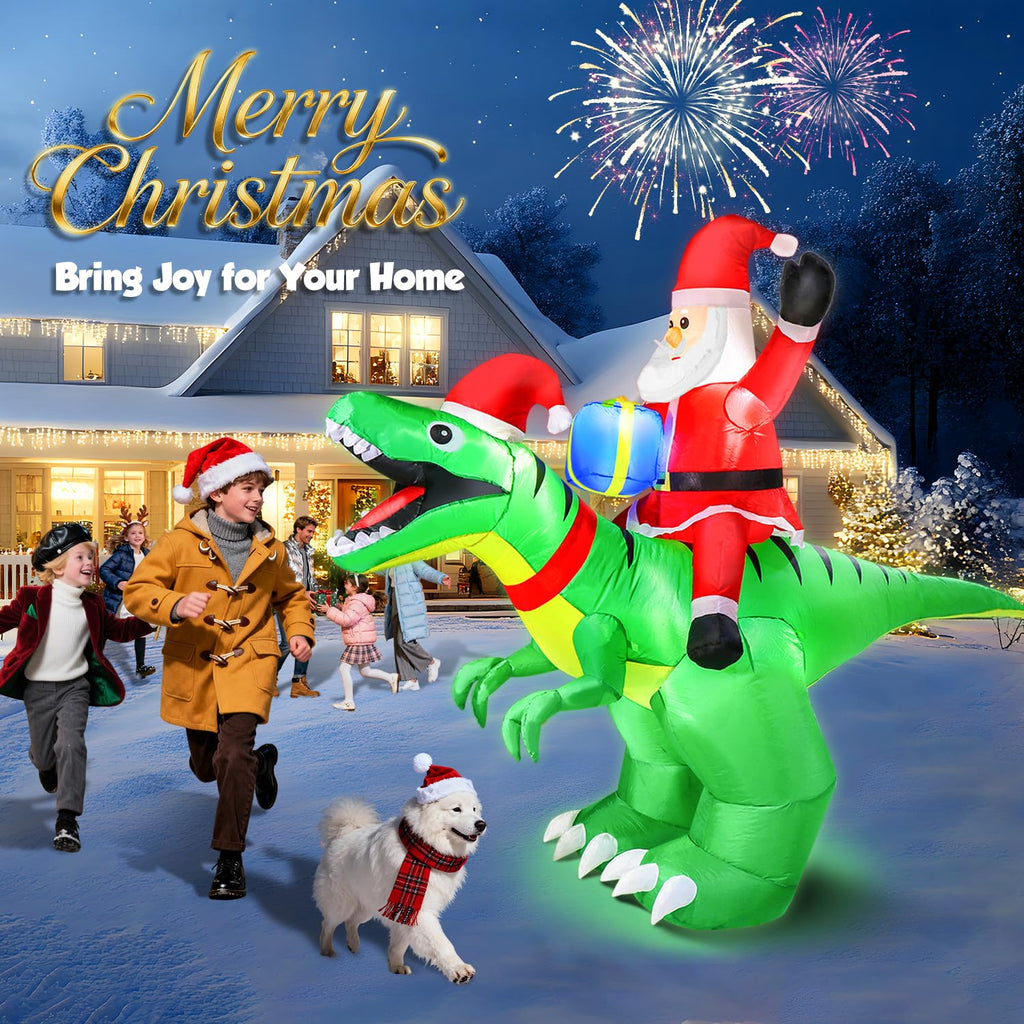 9x7FT Christmas Inflatables Santa Ride on Dinosaur with LED Outdoor Christmas Dinosaur