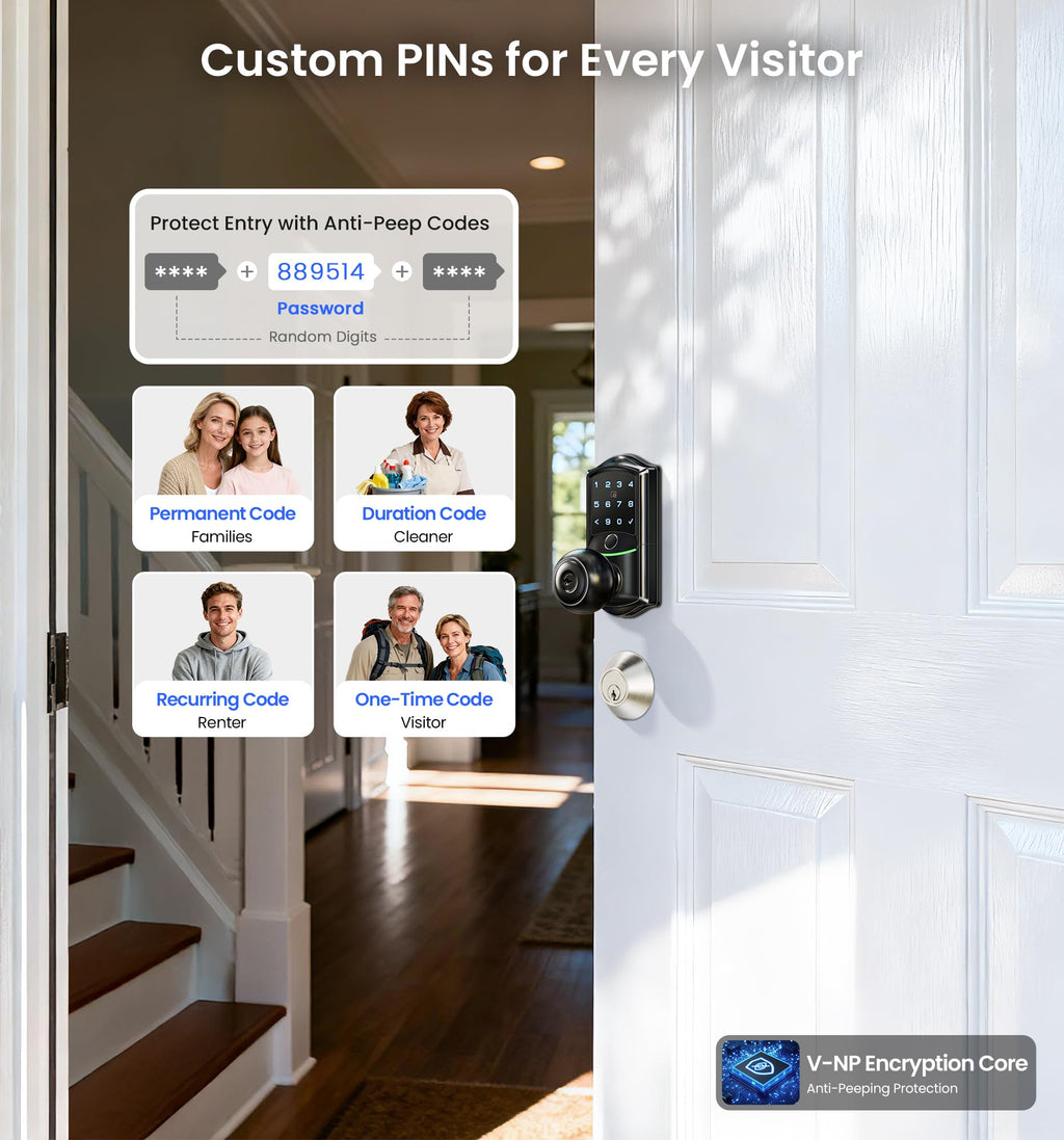 Veise Built-in Wi-Fi Smart Lock with Knob (Waterproof, Fingerprint Keyless Entry)