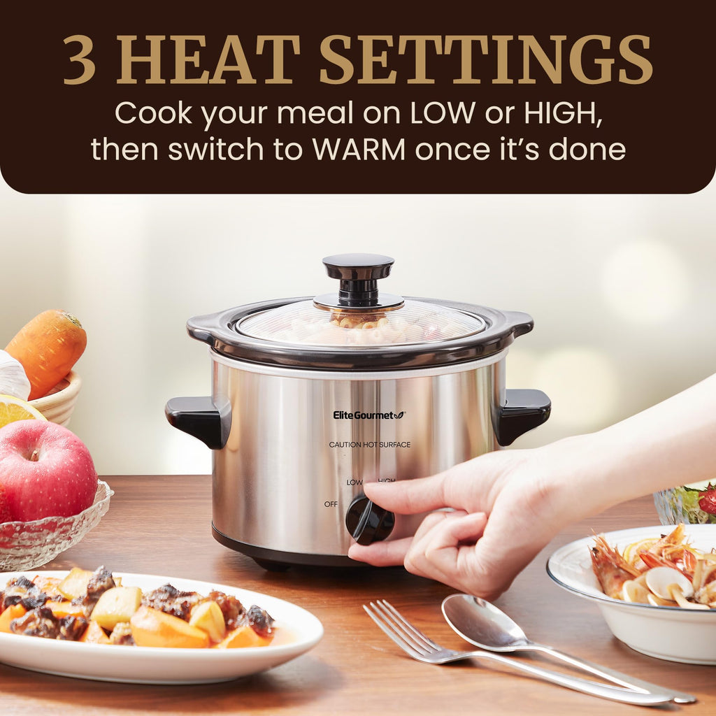 Elite Gourmet Electric Slow Cooker Ceramic Pot [Adjustable Temp, Entrees, Sauces, Stews & Dips, Dishwasher Safe Glass Lid & Crock, 1.5 Quart, Stainless Steel]