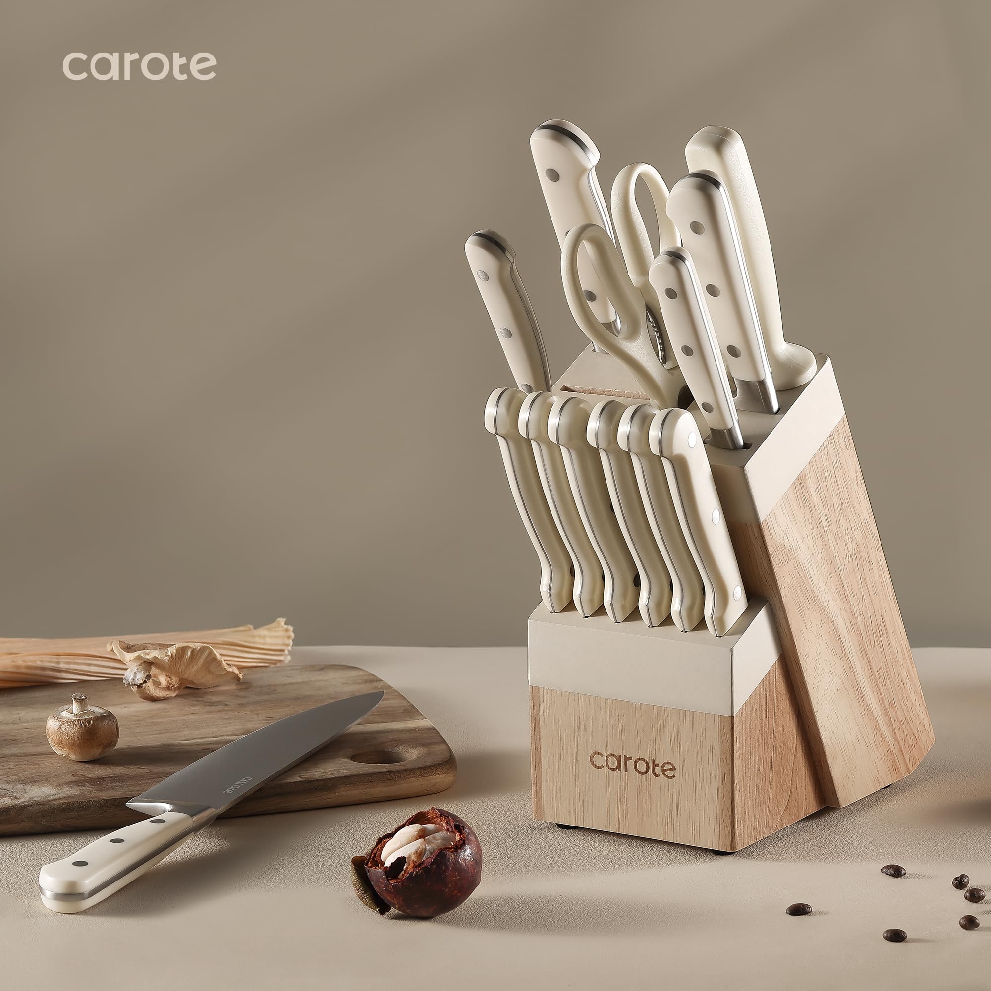 CAROTE 14 Pieces  Forged, High Carbon Stainless Steel Knife Set with Block