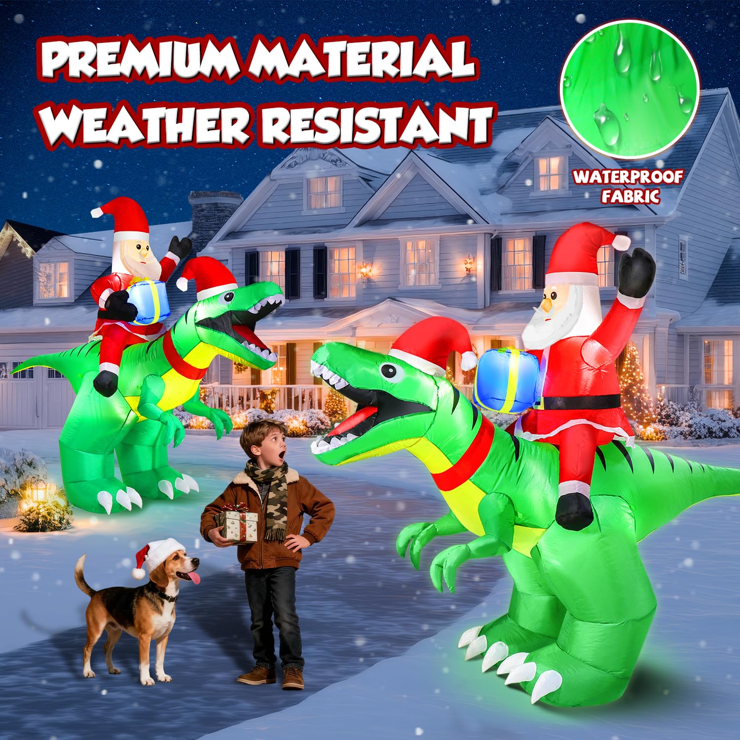 9x7FT Christmas Inflatables Santa Ride on Dinosaur with LED Outdoor Christmas Dinosaur