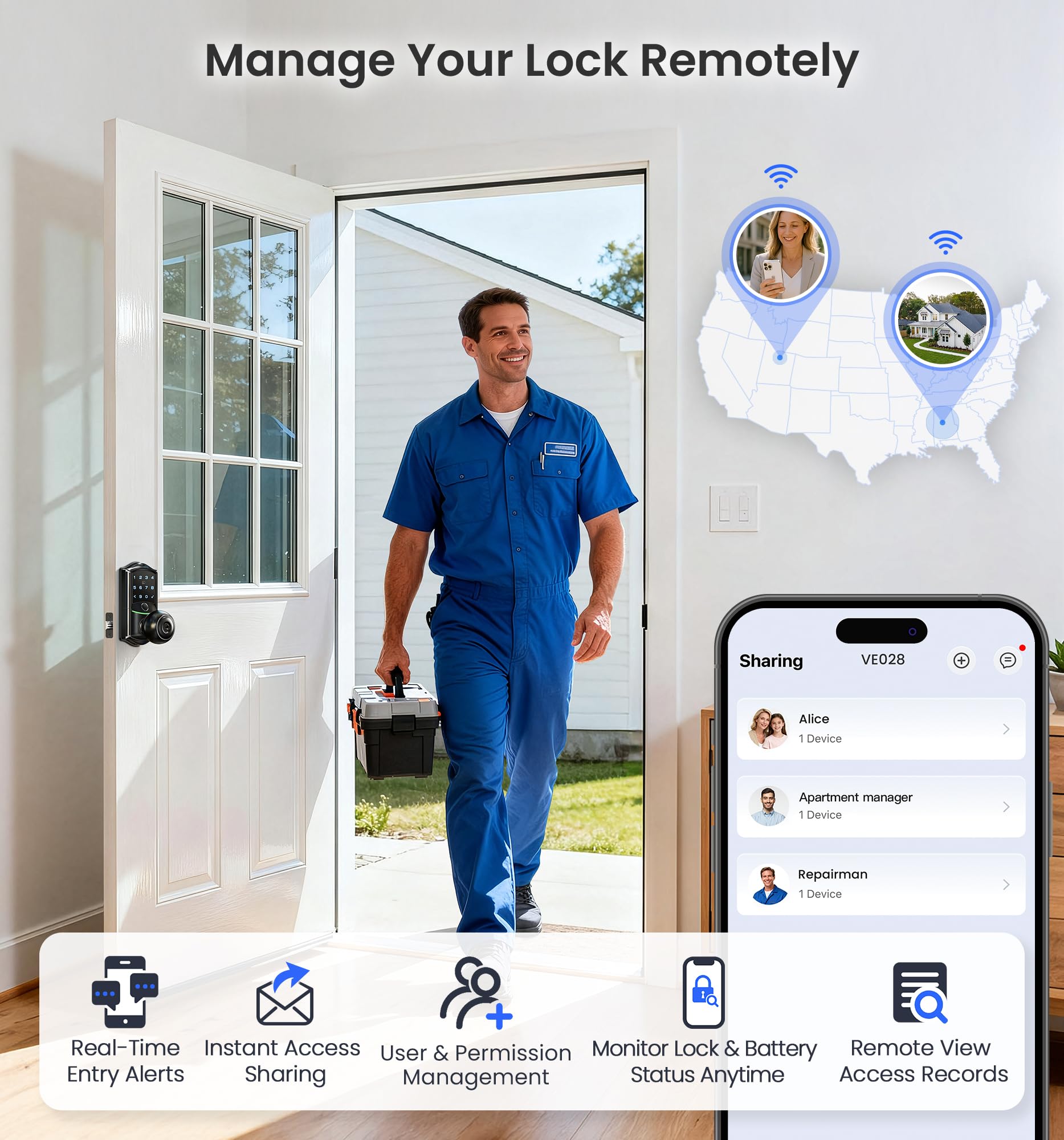 Veise Built-in Wi-Fi Smart Lock with Knob (Waterproof, Fingerprint Keyless Entry)